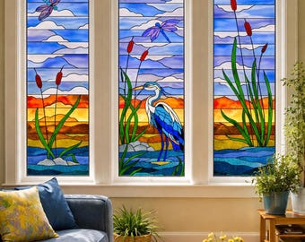 Custom Egret Stained Glass | Dragonfly & Waterlily Window Panel