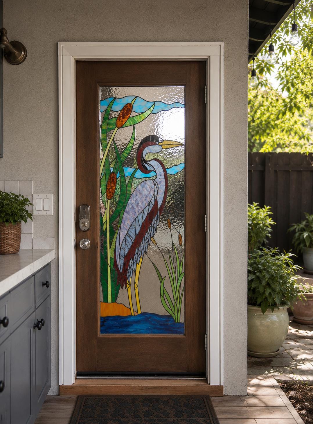 Lakeside Sentinel Great Blue Heron Stained Glass Panel Door Window