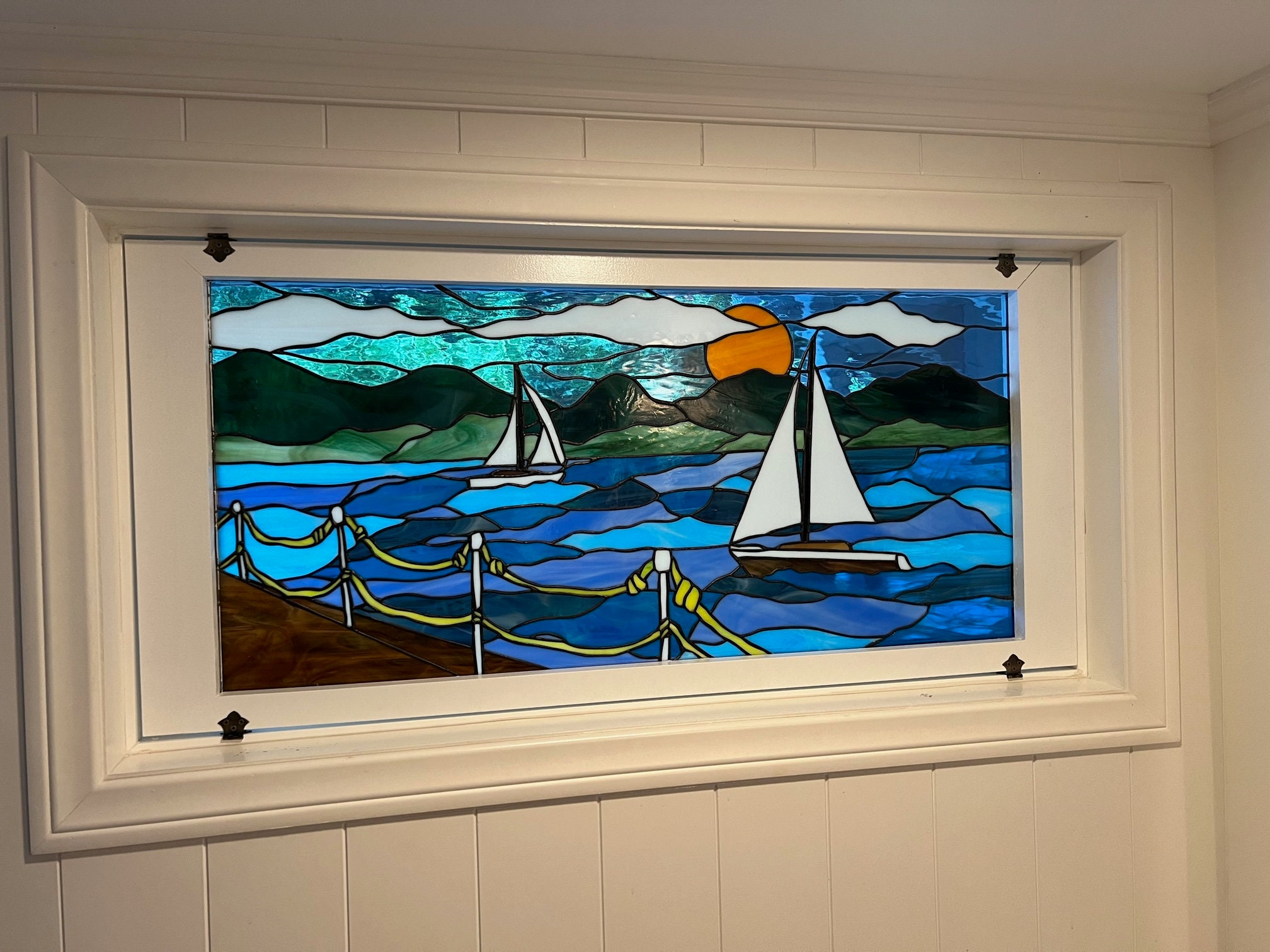 美しい風景 海 船 ボート 街並み ヴィンテージステンドグラス ダブルリム 絵画 Stained Glass Window - W-216 Sail Boats Scene - Etsy