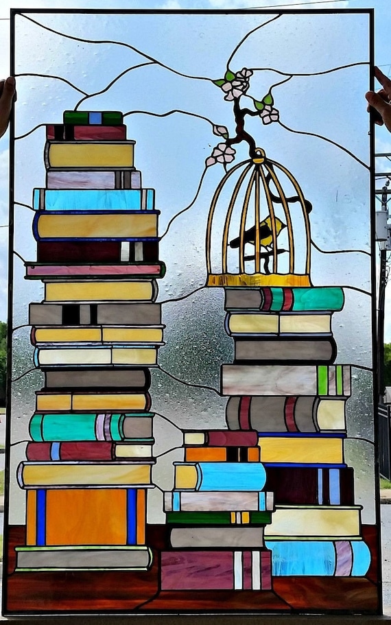 Stained Glass Window - W-261 Birdcage and Books - Etsy