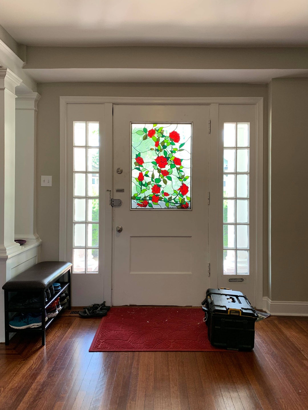 Victorian Vine Artisan Stained Glass Panel Crimson Rose Garden