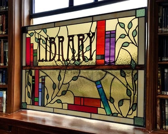 Stained Glass Window Panel - W-24 Distinguished Library Books and Vines