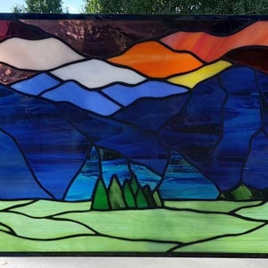 Stained Glass Transom Window - TW-324 Mountains and Pines