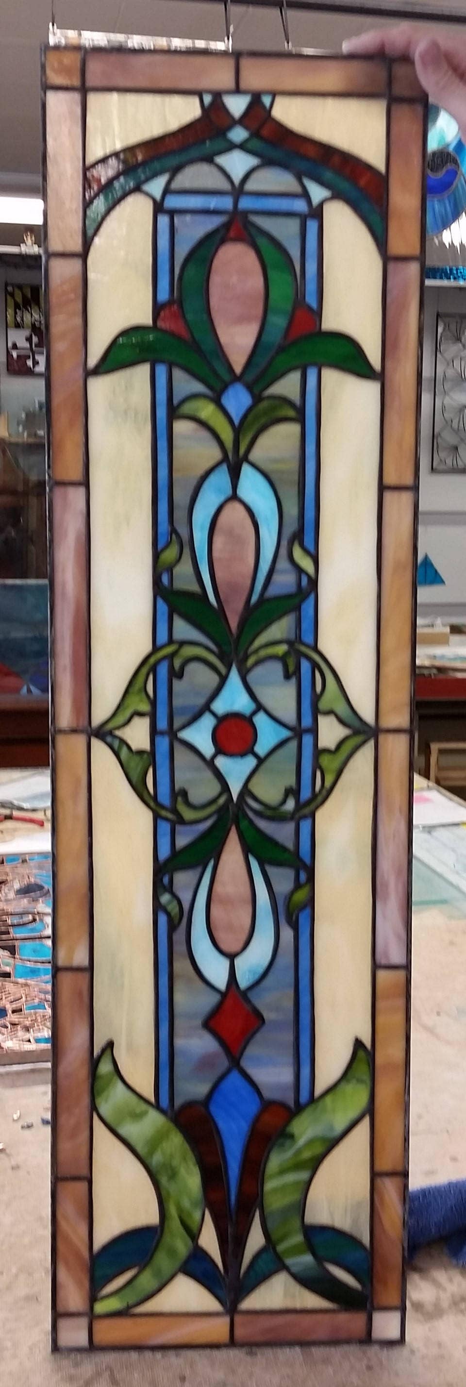 Handcrafted Symmetrical Victorian Stained Glass Window With Ornate