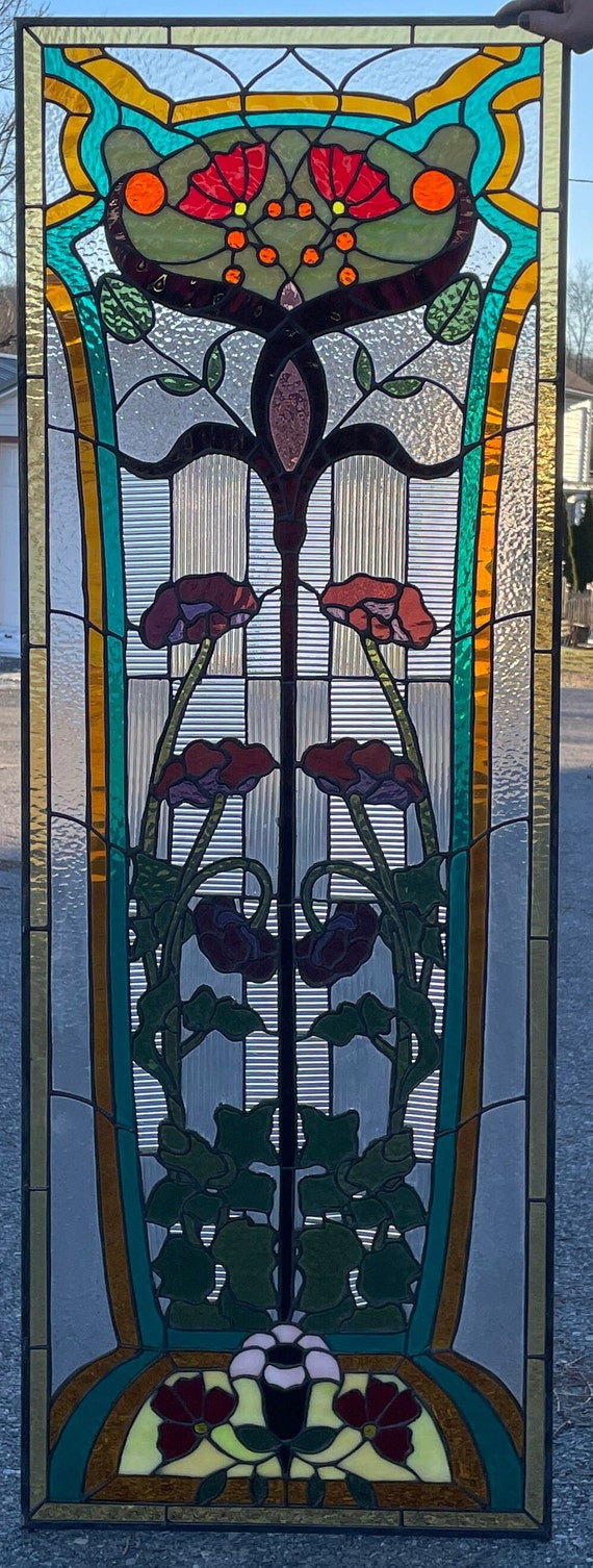 【希少】ヴィンテージ ART glass STENHYTAA W.W. Stained Glass Window Floral Art Nouveau W-520 - Etsy