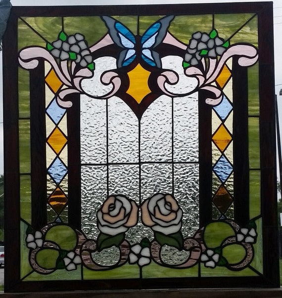 W 104 Victorian Flowers Butterfly Stained Glass Window Etsy India