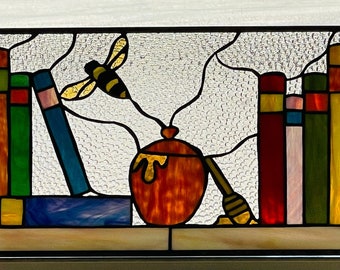 X-14 Honey Pot & Books with Honey Bee - Stained Glass Hanging Window Panel