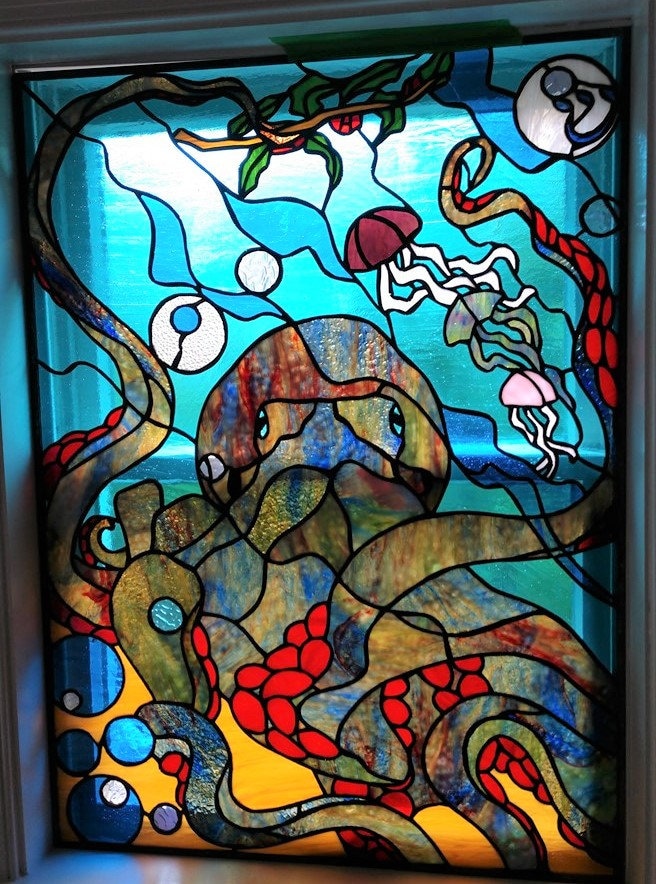 W 399 Octopus Jellyfish Stained Glass Window Etsy