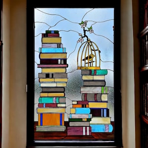Stained Glass Window - W-261 Birdcage and Books - Etsy