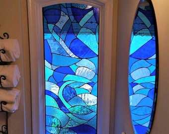Oceanic Rhapsody Sophisticated Blues Stained Glass Window W-192