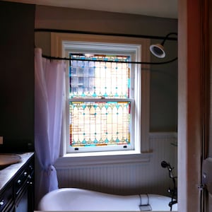 Stained Glass Bathroom Window Panel - W-25 Pastel Vintage Design Teardrops Traditional