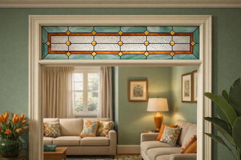 Gilded Horizon: A Sage & Amber Earth Tone Stained Glass Transom Window ...