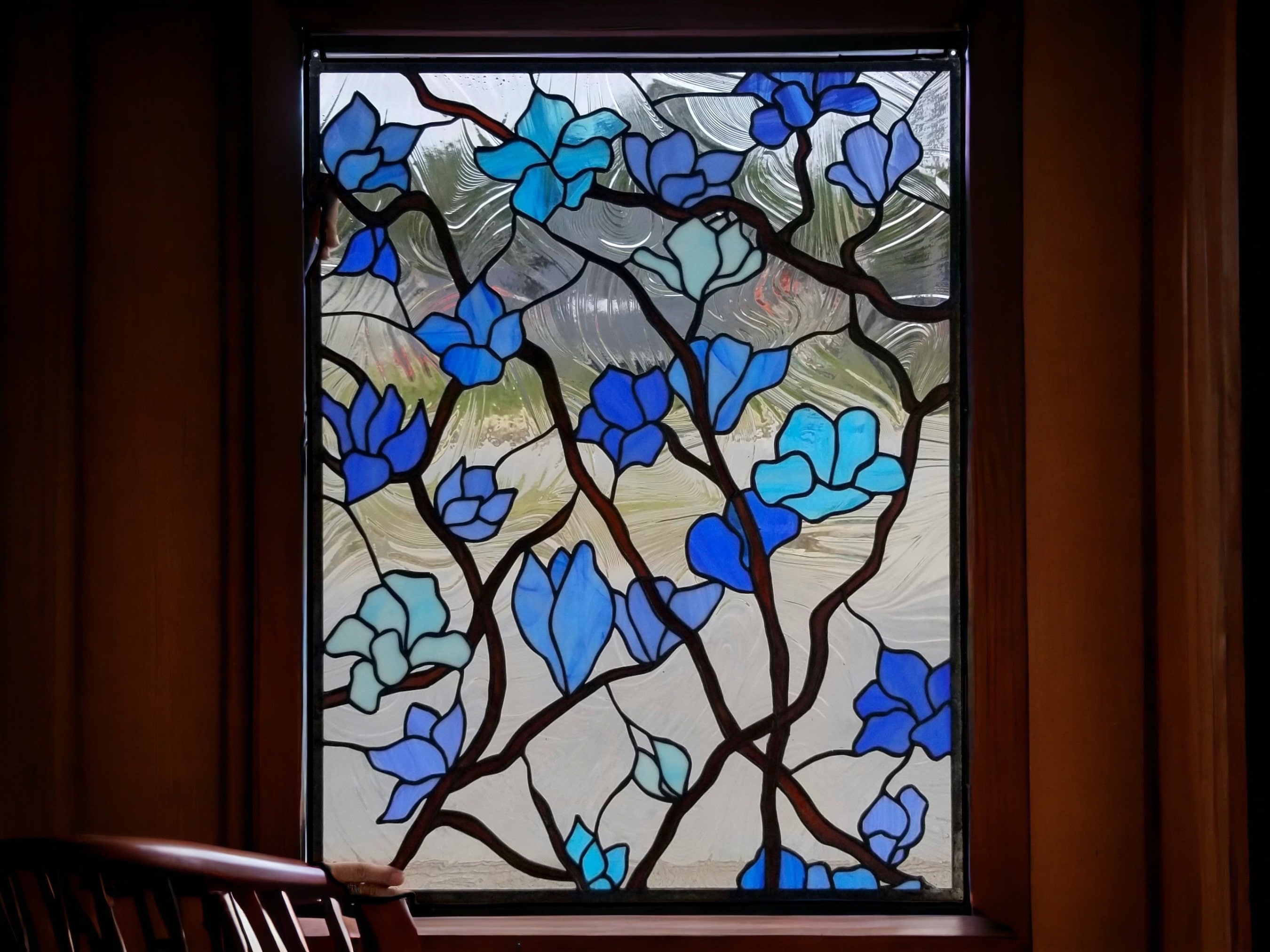 Stained Glass Window or Hanging Panel P 234 Blue Flowers Etsy