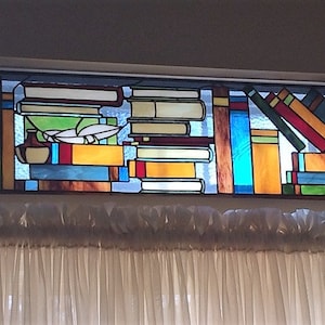 Stained Glass Transom Window - TW-181 Books and Feather