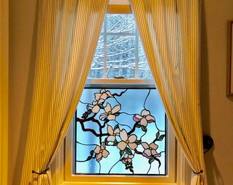 Blossoms in the Snow: Handcrafted Dogwood Stained Glass Insert Hanging Panel P-225