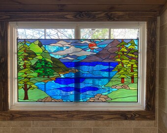 Stained Glass Hanging Panel P-274 Sunset In The Mountains