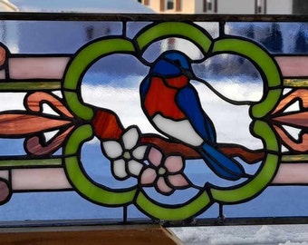 Stained Glass Transom Window Bluebird in Spring TW-355