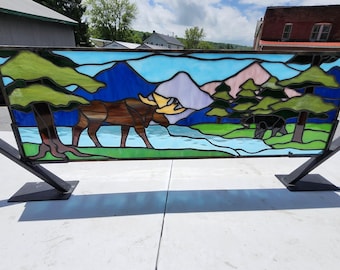 Stained Glass Transom Window Panel Moose Scene RB-331