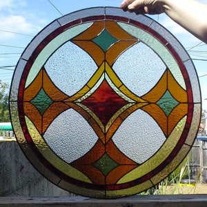 Stained Glass Round Window W-64 Warm Colored Diamonds image 5