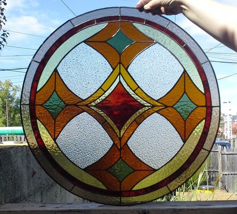 Stained Glass Round Window W-64 Warm Colored Diamonds image 5