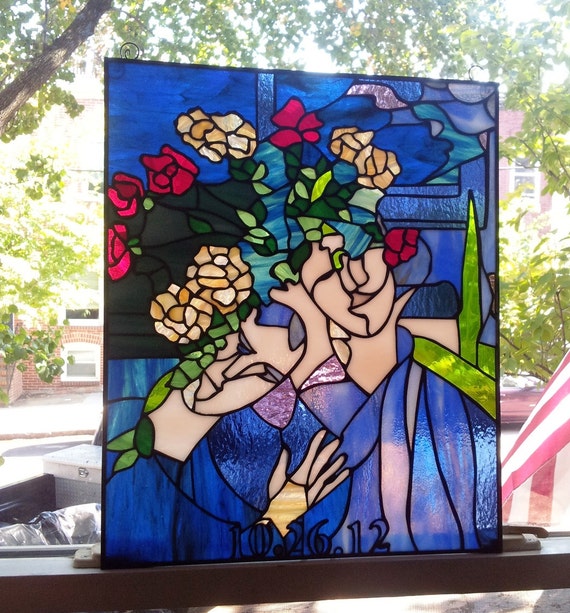 Stained Glass Hanging Panel P-41 Lovers With Flowers, Marc Chagall 