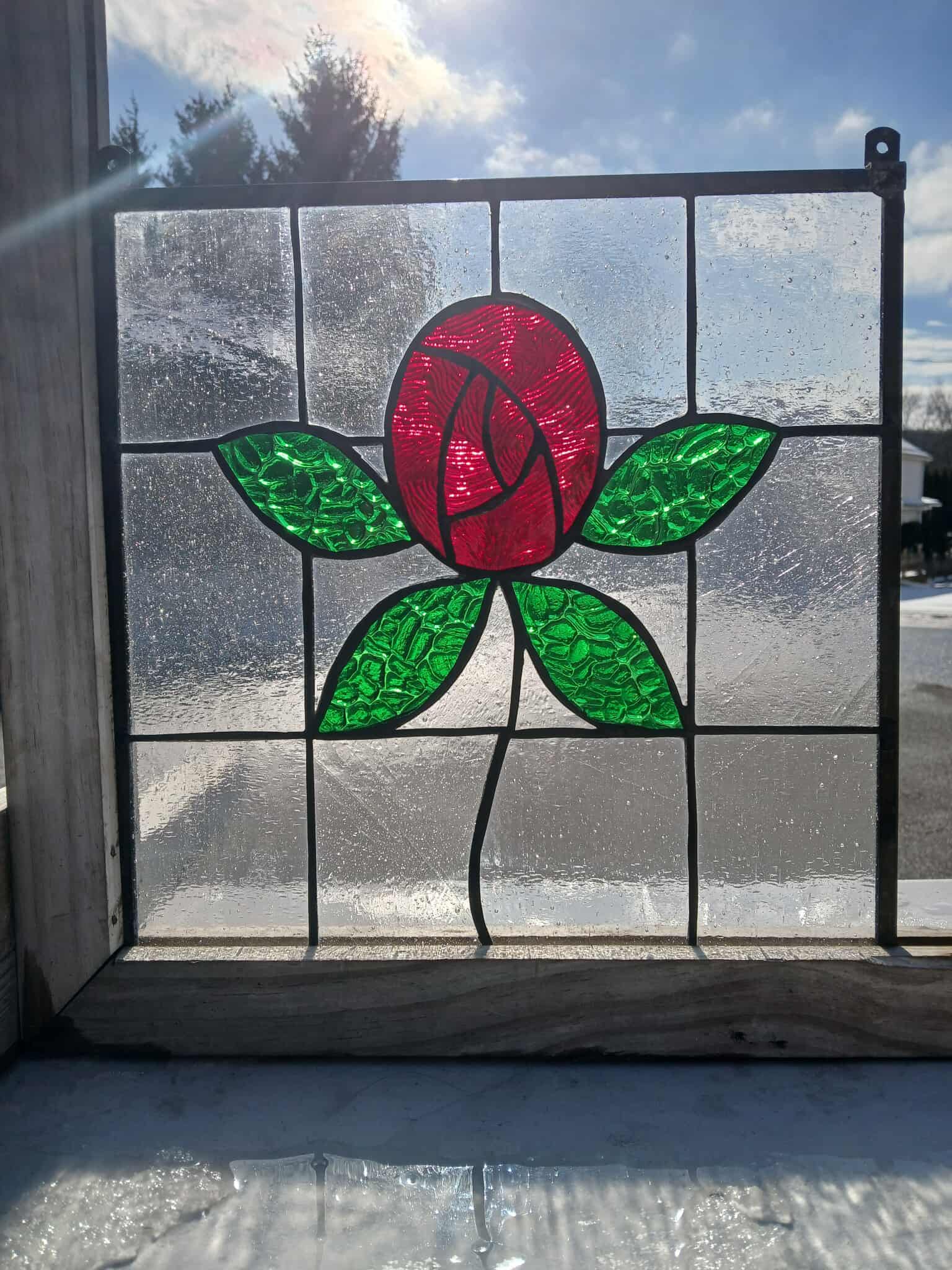 Stained Glass Window Hanging Suncatcher - Art Nouveau Red Rose RB