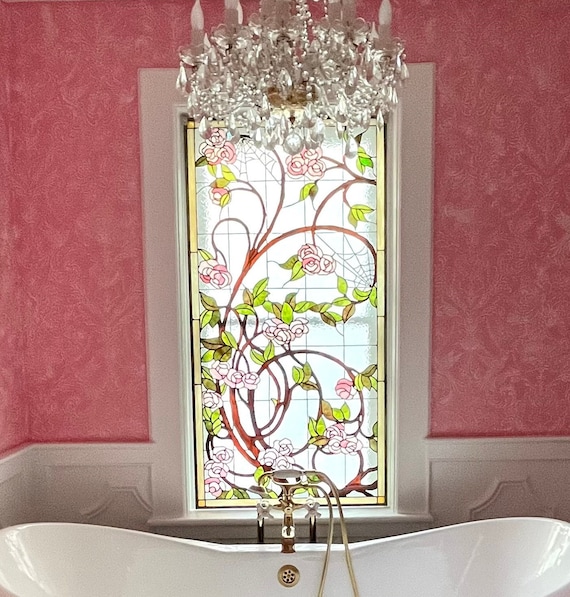Stained Glass Art Nouveau - W-474 - Pink Rose Vine Window