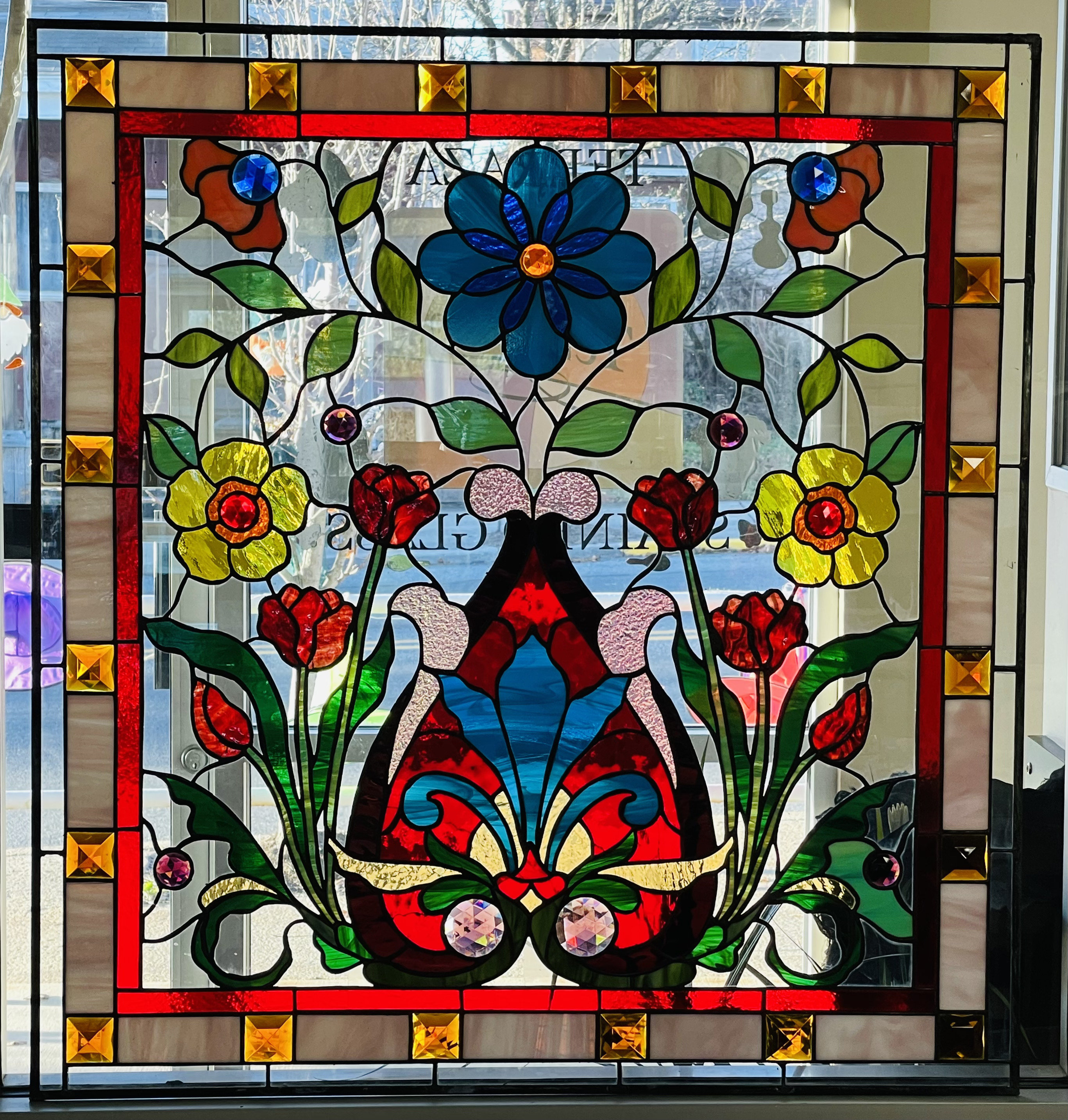 驚きの激安価格 Stained Glass Etsy - W-520 Nouveau Art Floral Window アート・デザイン・音楽
