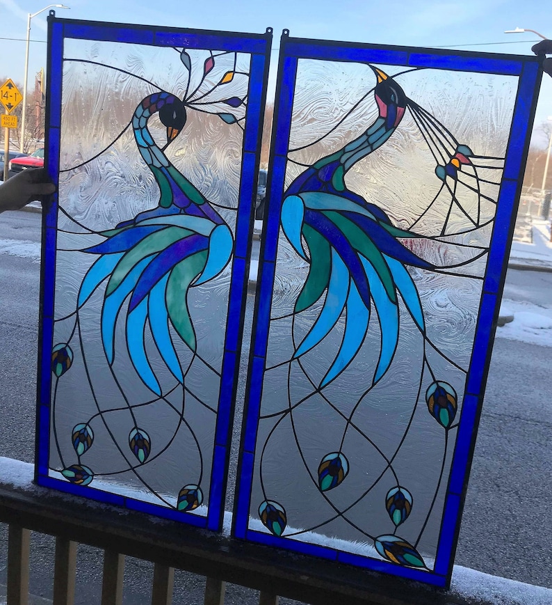 P26 Stained Glass Hanging Panels Majestic Peacocks Etsy