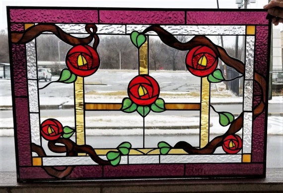 Stained Glass Transom Window - TW-276 Traditional Climbing Roses