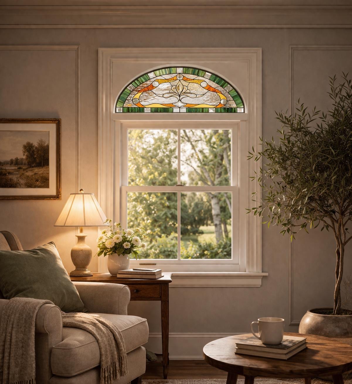 Imperial Elegance: A Grand Amber Arched Leaded Transom Stained Glass ...
