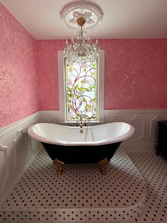 Stained Glass Art Nouveau - W-474 - Pink Rose Vine Window