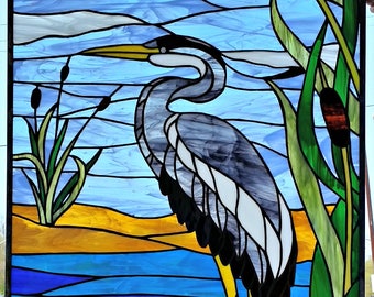 Stained Glass Hanging Panel - P-109 Heron