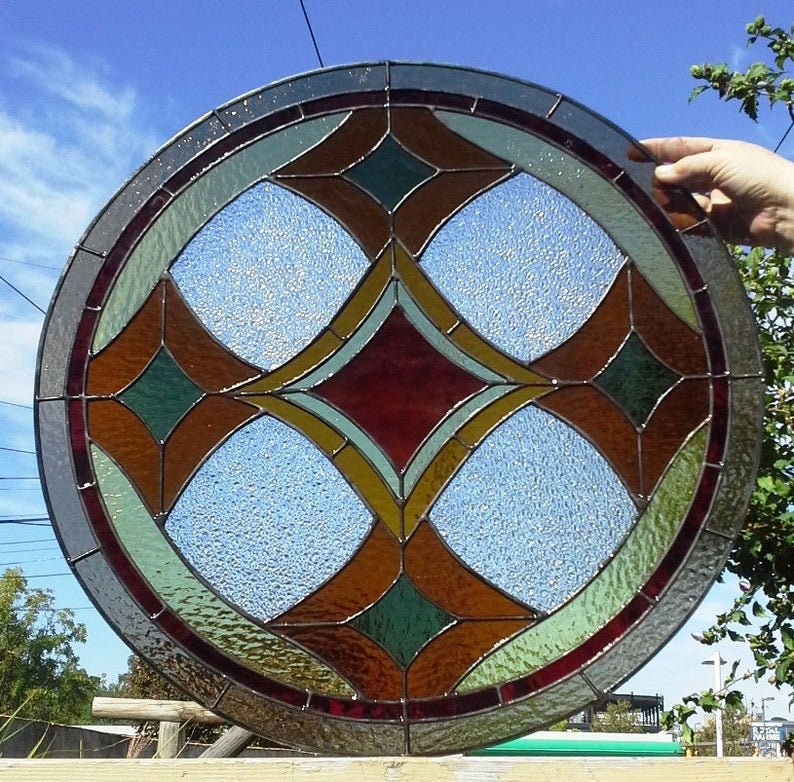 Stained Glass Round Window W-64 Warm Colored Diamonds image 3