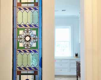 Artisanal Heritage: The Jeweled Threshold Stained Glass Door or Transom Window Panel D-53