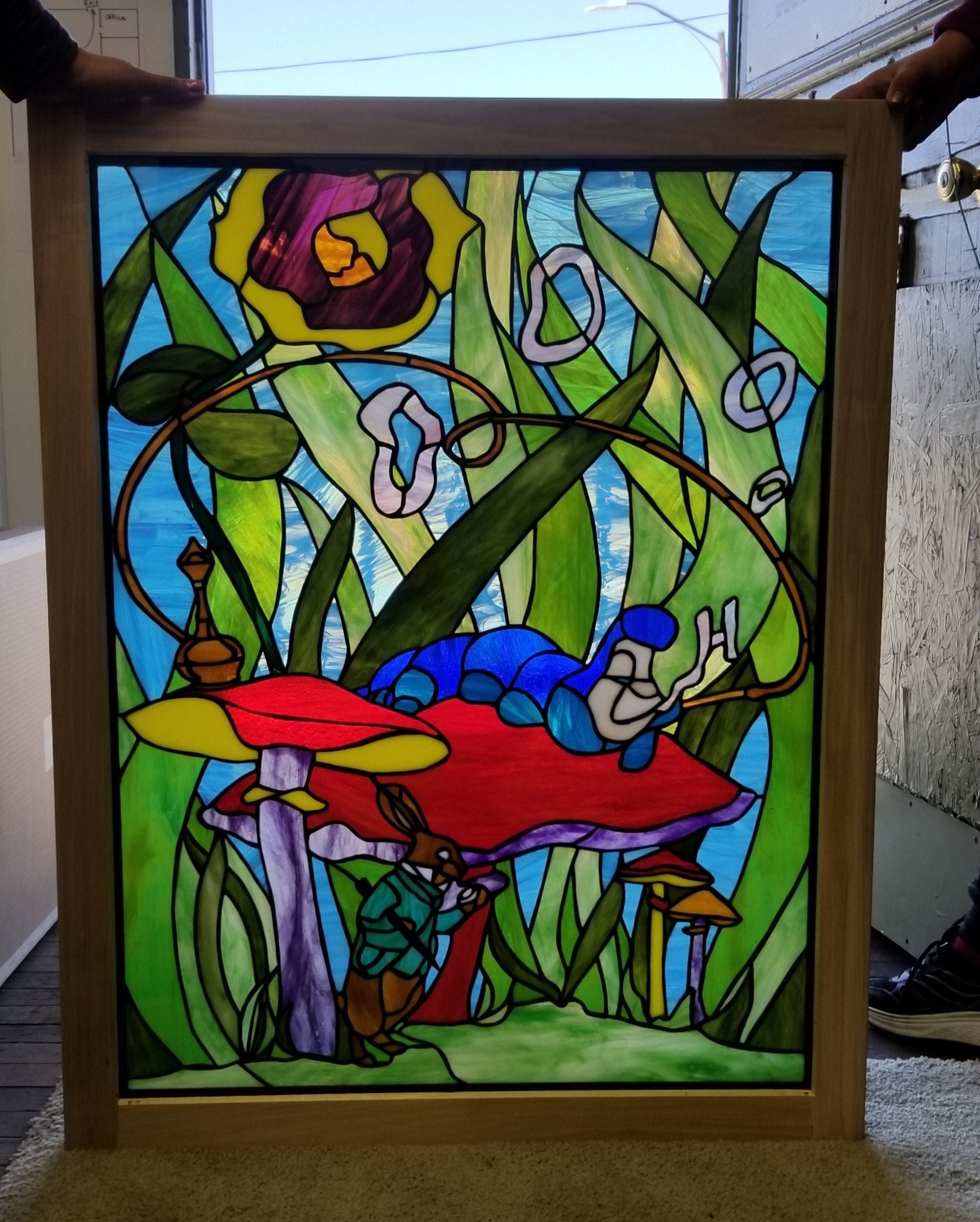 Stained Glass Window - W-372 Alice, Cheshire Cat & Caterpillar in