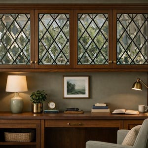 May include: A dark wood home office setup with a built-in desk and hutch. The hutch features glass-paned doors with a diamond pattern. A desk lamp, small painting, and books are on the desk. A small potted plant and a clock are also visible.