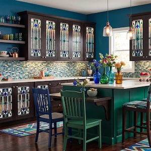 May include: A kitchen with dark wood cabinets featuring stained glass panels. The room has a teal backsplash, white countertops, and a green island. Colorful glassware and flowers decorate the space. Chairs and rugs add pops of color.