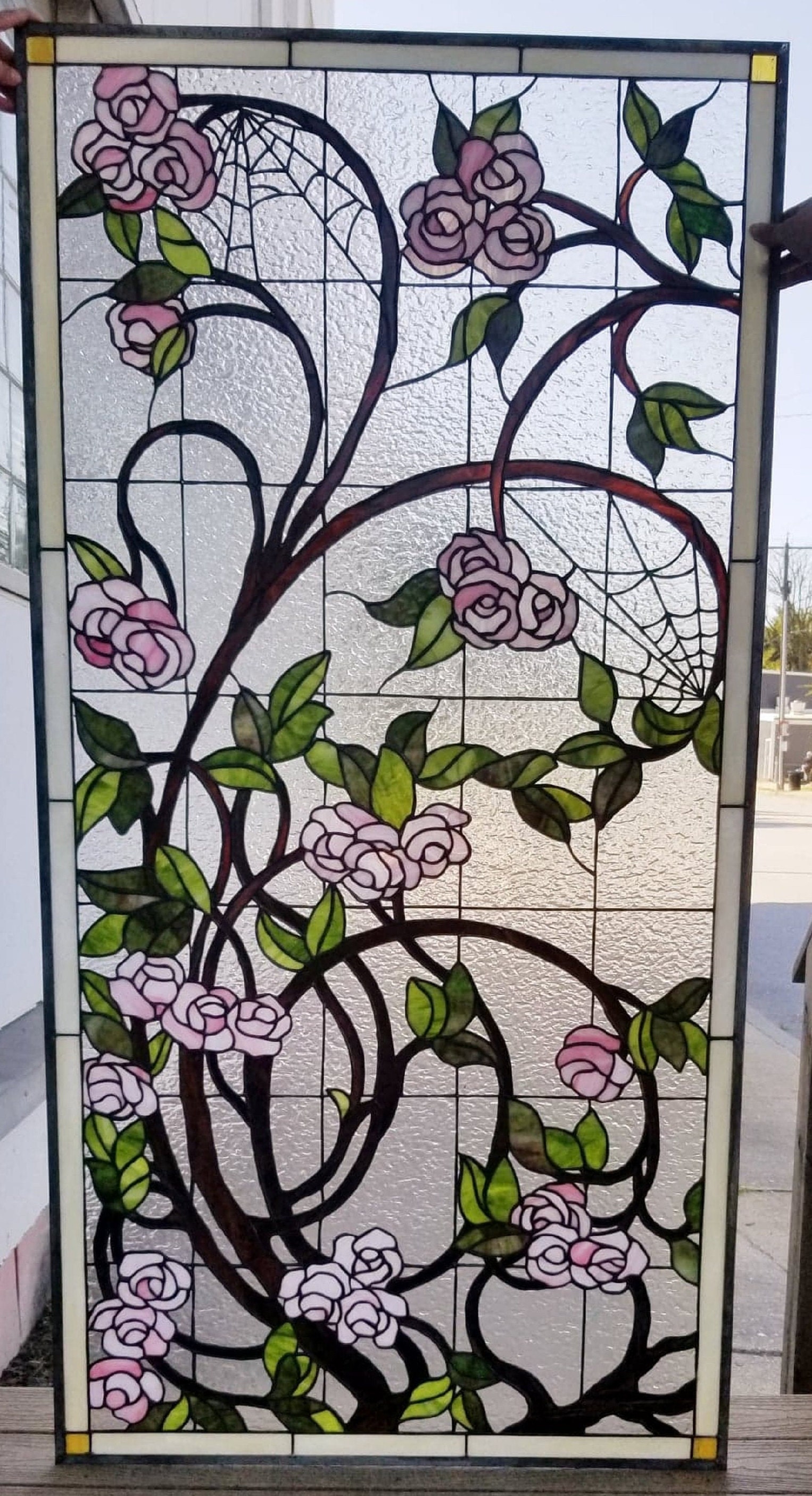TOY's × INITY Pink rose Window Stained Glass Art Nouveau - W-474 - Pink Rose Vine Window
