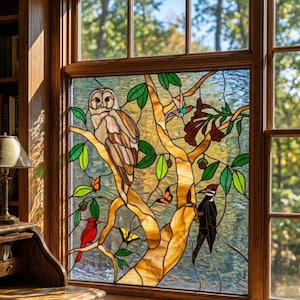 A Lush Woodland Symphony in Art Glass Stained Glass Hanging Panel Barred Owl Perched in a Tree P-277