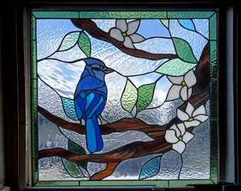 Stained Glass Window / Hanging Panel - Blue Jay on the Branches - P-312A