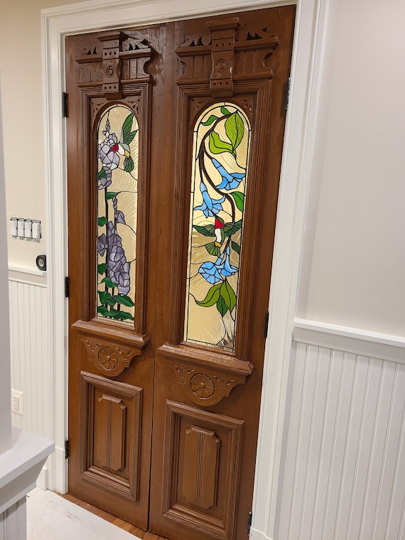 Stained Glass Door Glass Inserts D 50 Hummingbirds in the Morning Glory Vines and Hollyhocks Etsy UK