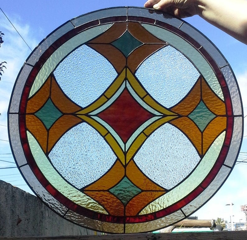 Stained Glass Round Window W-64 Warm Colored Diamonds image 1