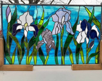 Stained Glass Hanging Panel Irises Garden P-326