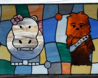 Stained Glass Transom Window - TW-75 - "Hippo & Chewbacca"
