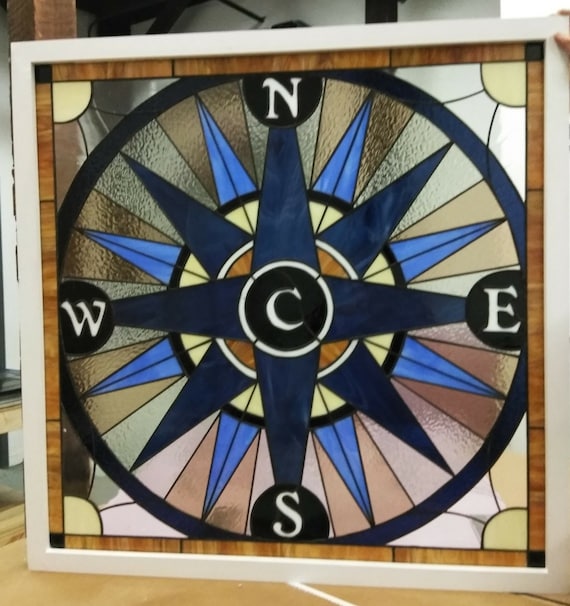 P 185 Stained Glass Hanging Panel Compass Rose 50