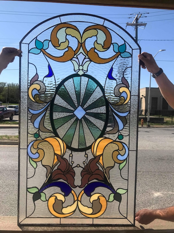 【希少】ヴィンテージ ART glass STENHYTAA W.W. Stained Glass Window Floral Art Nouveau W-520 - Etsy