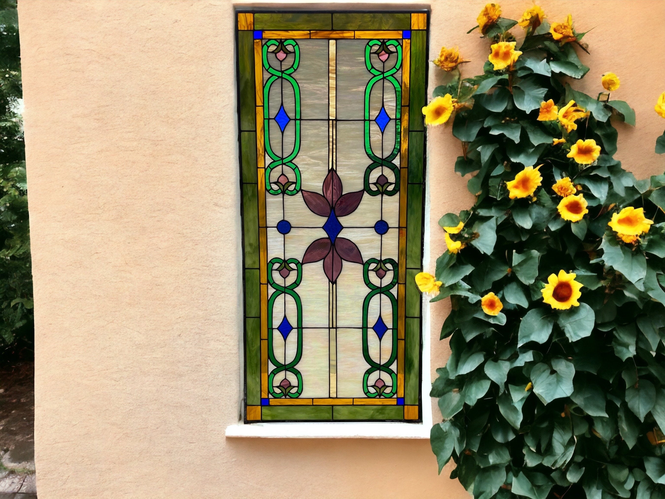 レディバード・ジョンソンワイルド・フラワーセンター ヴィンテージ ステンドグラス Stained Glass Window - W-489 Victorian Ribbons - Etsy