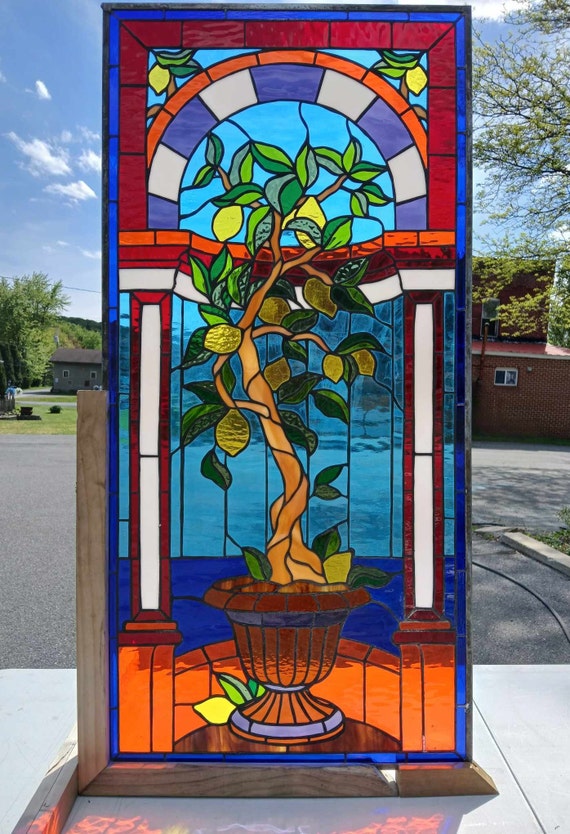 【Stained glass】ステンドグラス　オブジェ Lemon Grove Terrace Stained Glass Mediterranean Arched Garden Door