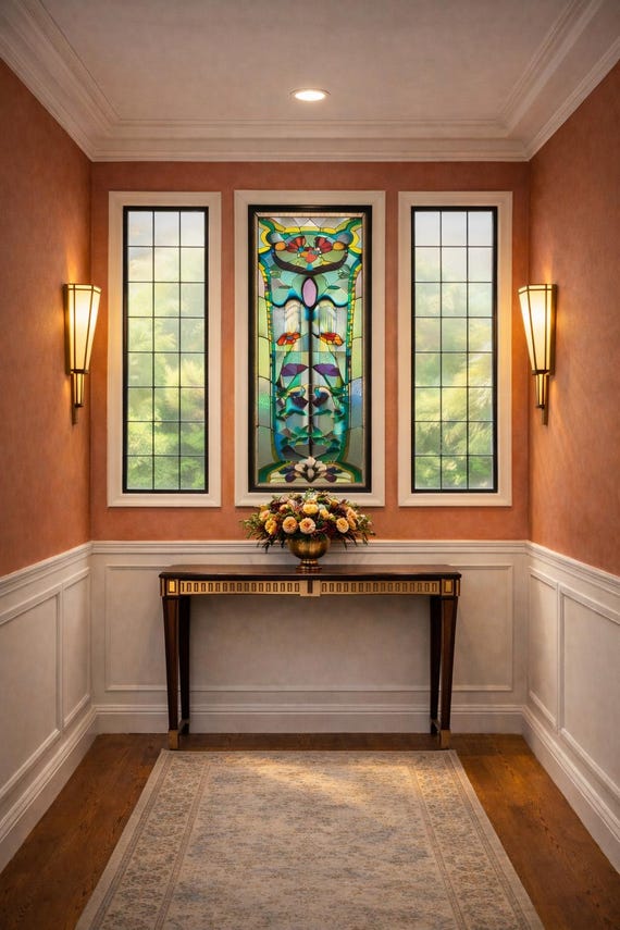 Art Nouveau Splendor: Enchanted Garden Vertical Stained Glass